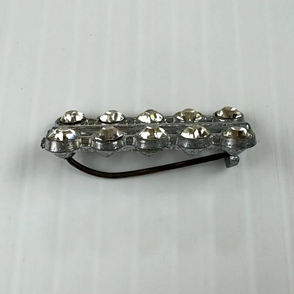 Vintage Small Brooch Bar Set Silver Tone Clear Rhinestones Double Row Costume